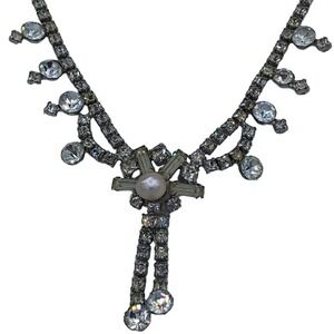 Vintage Rhinestone Silver Necklace Cultured Pearl Pendant Bridal Bling Formal